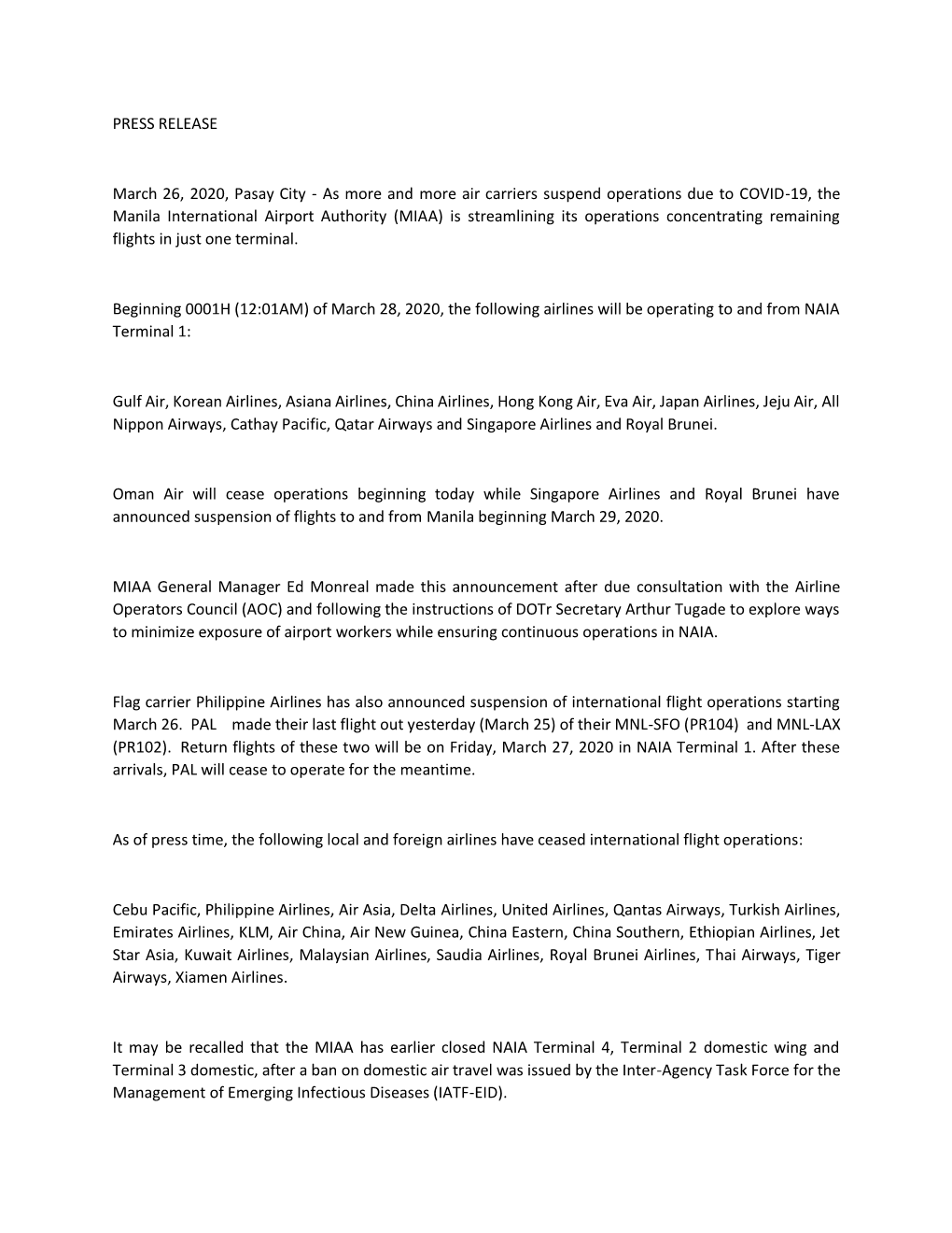 PRESS RELEASE March 26, 2020, Pasay City