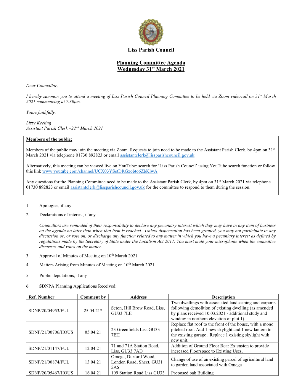 Liss Parish Council Planning Committee Agenda Wednesday 31St March 2021