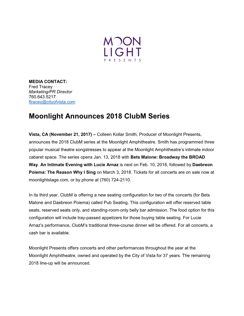 Moonlight Announces 2018 Clubm Series
