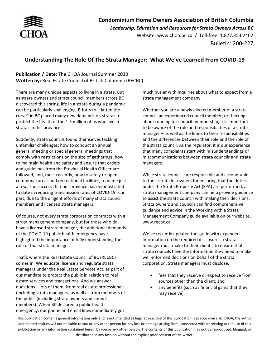 Bulletin: 200‐227 Understanding the Role of the Strata Manager