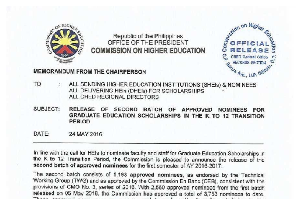 Second Batch of Approved Nominees for Graduate Education Scholarships in the K to 12 Transition Period (First Semester, Ay 2016-2017)