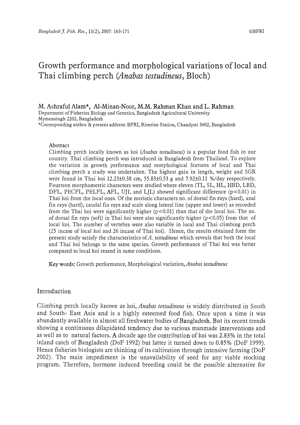 Growth Performance and Morphological Variations of Local and Thai Climbing Perch (Anabas Testudineus, Bloch)