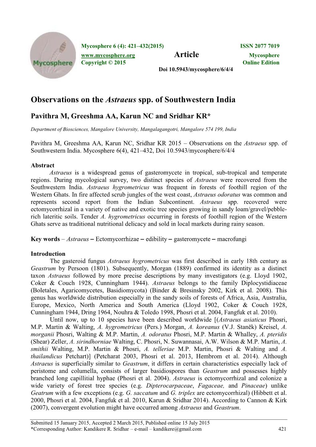 Observations on the Astraeus Spp. of Southwestern India