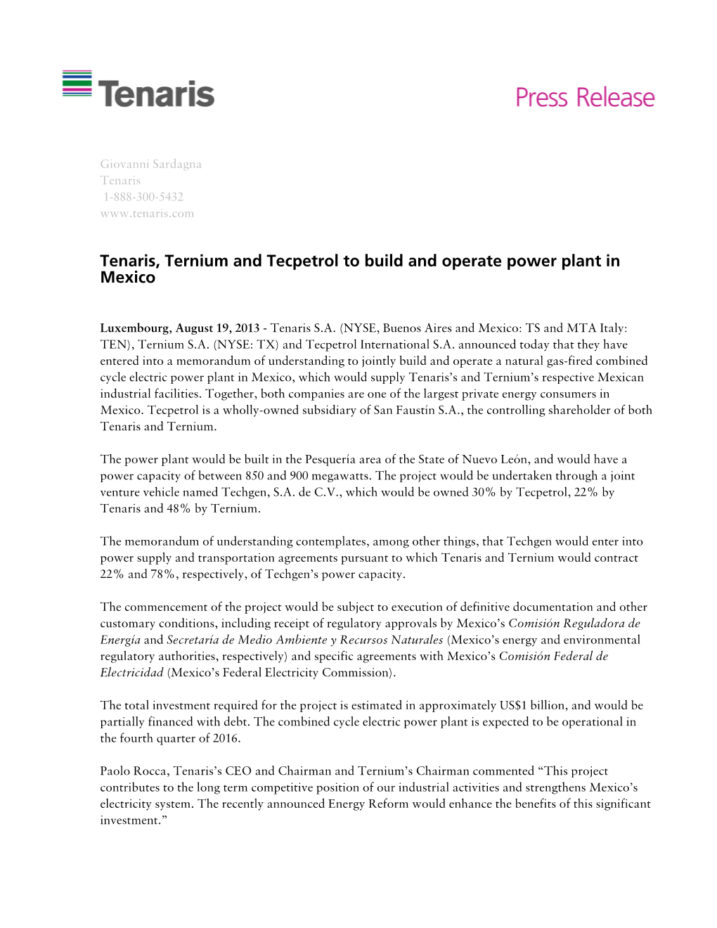 Tenaris, Ternium and Tecpetrol to Build and Operate Power Plant in Mexico
