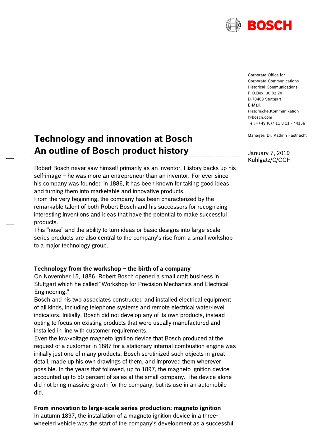 Technology and Innovation at Bosch an Outline of Bosch Product History