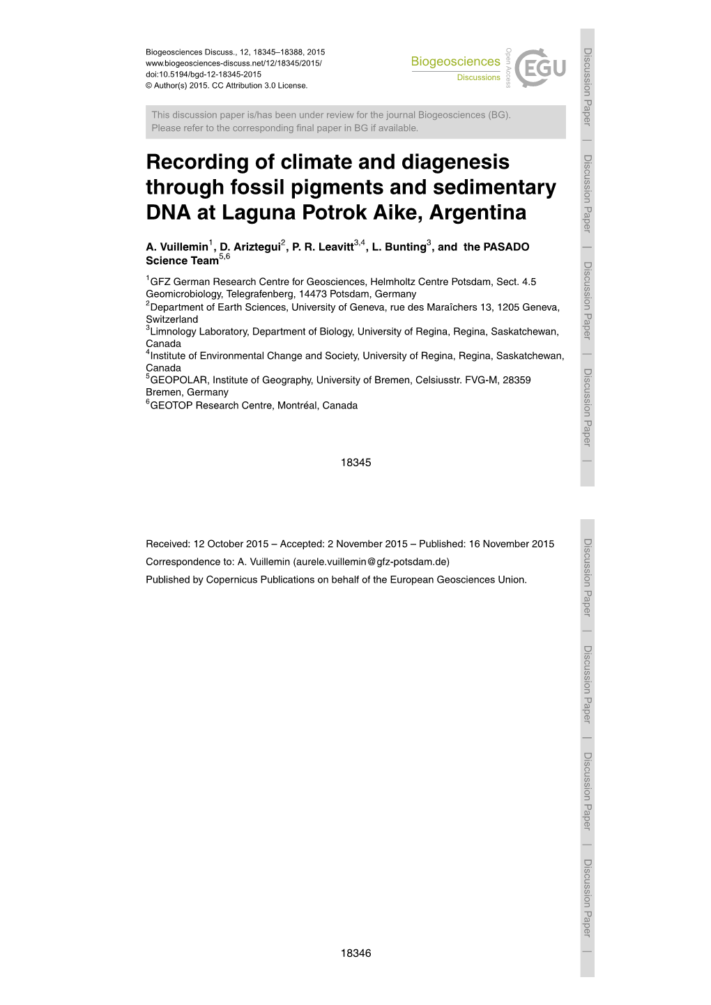 Recording of Climate and Diagenesis Through Fossil Pigments and Sedimentary DNA at Laguna Potrok Aike, Argentina A