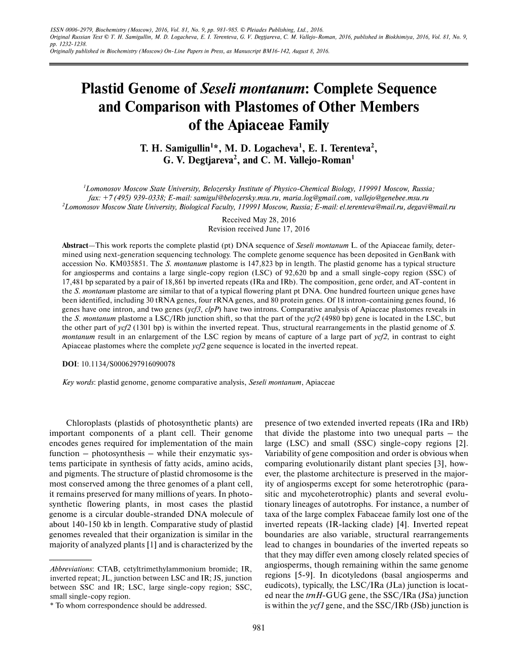 Plastid Genome of Seseli Montanum: Complete Sequence and Comparison with Plastomes of Other Members of the Apiaceae Family