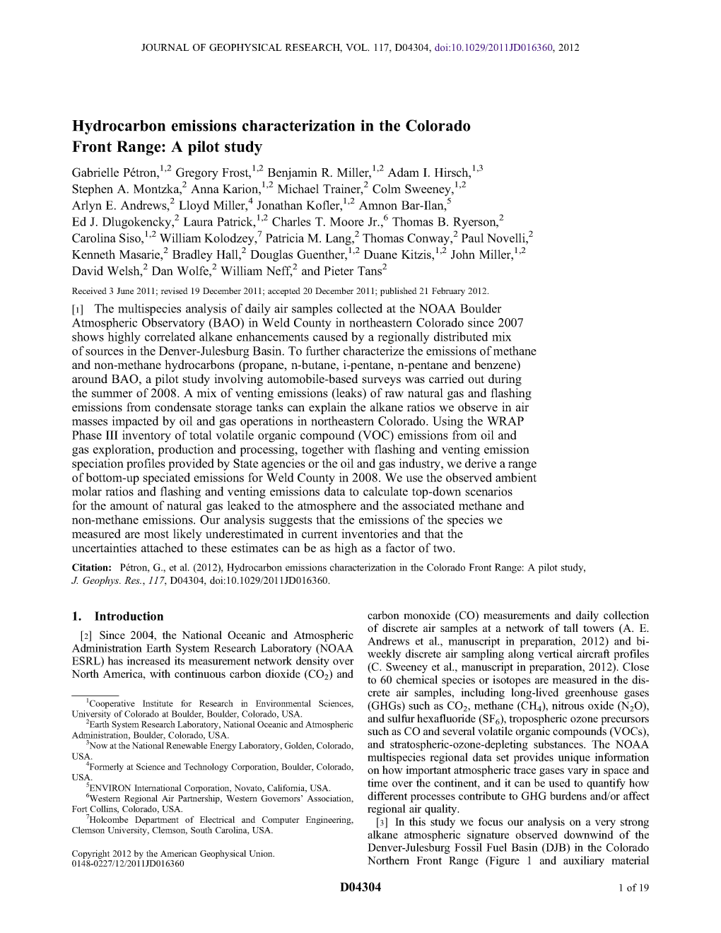 Hydrocarbon Emissions Characterization in the Colorado Front Range: a Pilot Study