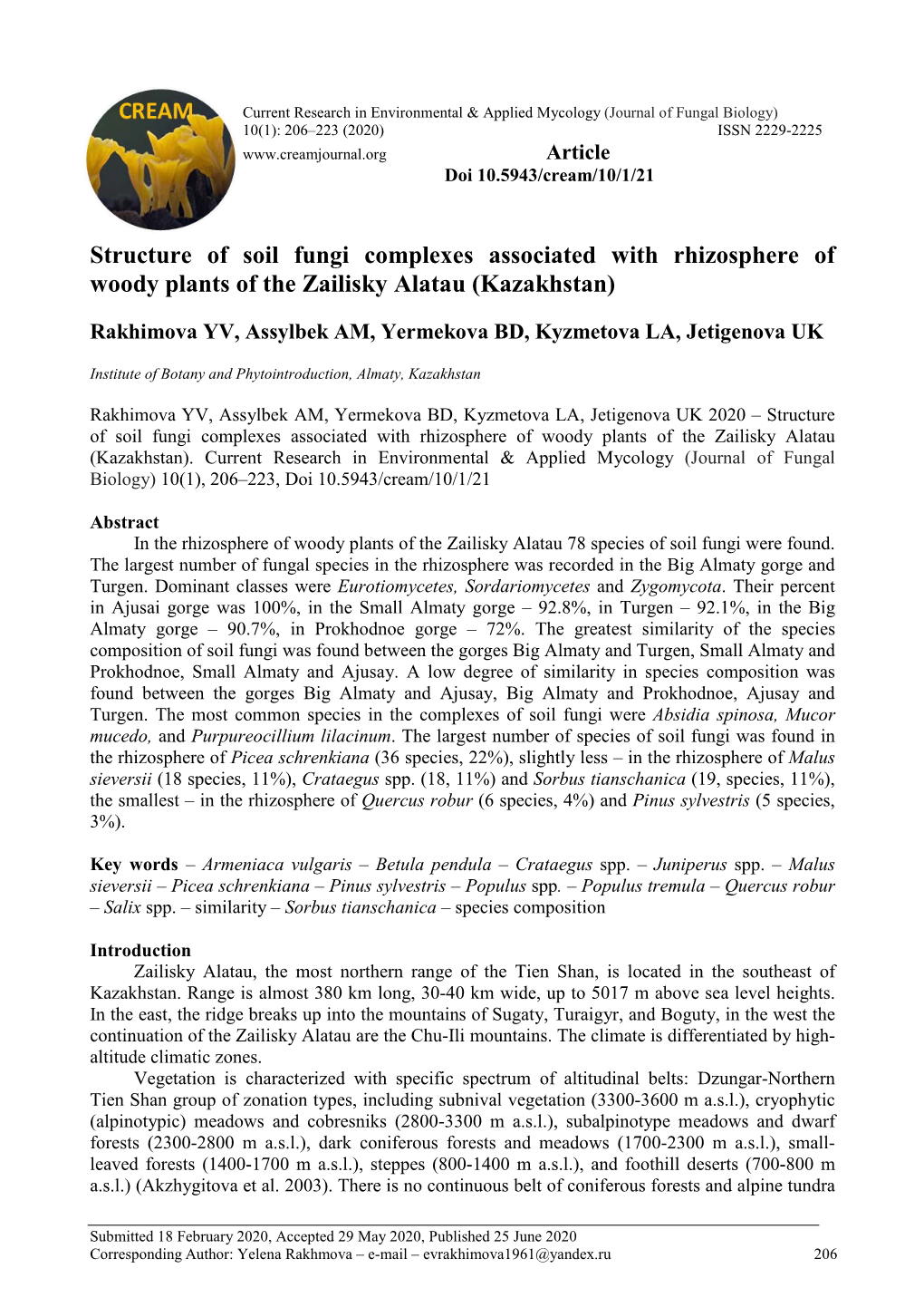 Structure of Soil Fungi Complexes Associated with Rhizosphere of Woody Plants of the Zailisky Alatau (Kazakhstan)