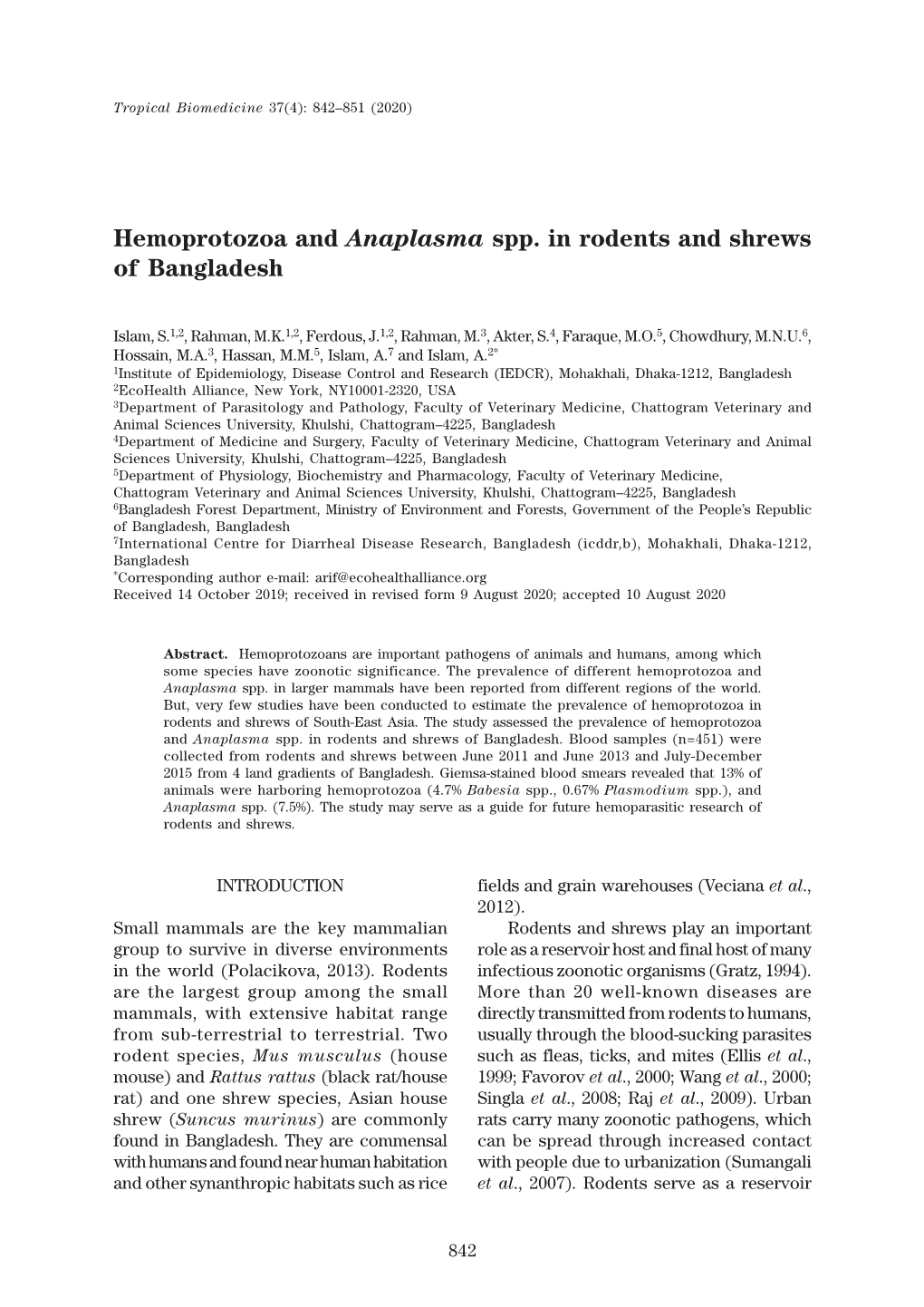 Hemoprotozoa and Anaplasma Spp. in Rodents and Shrews of Bangladesh