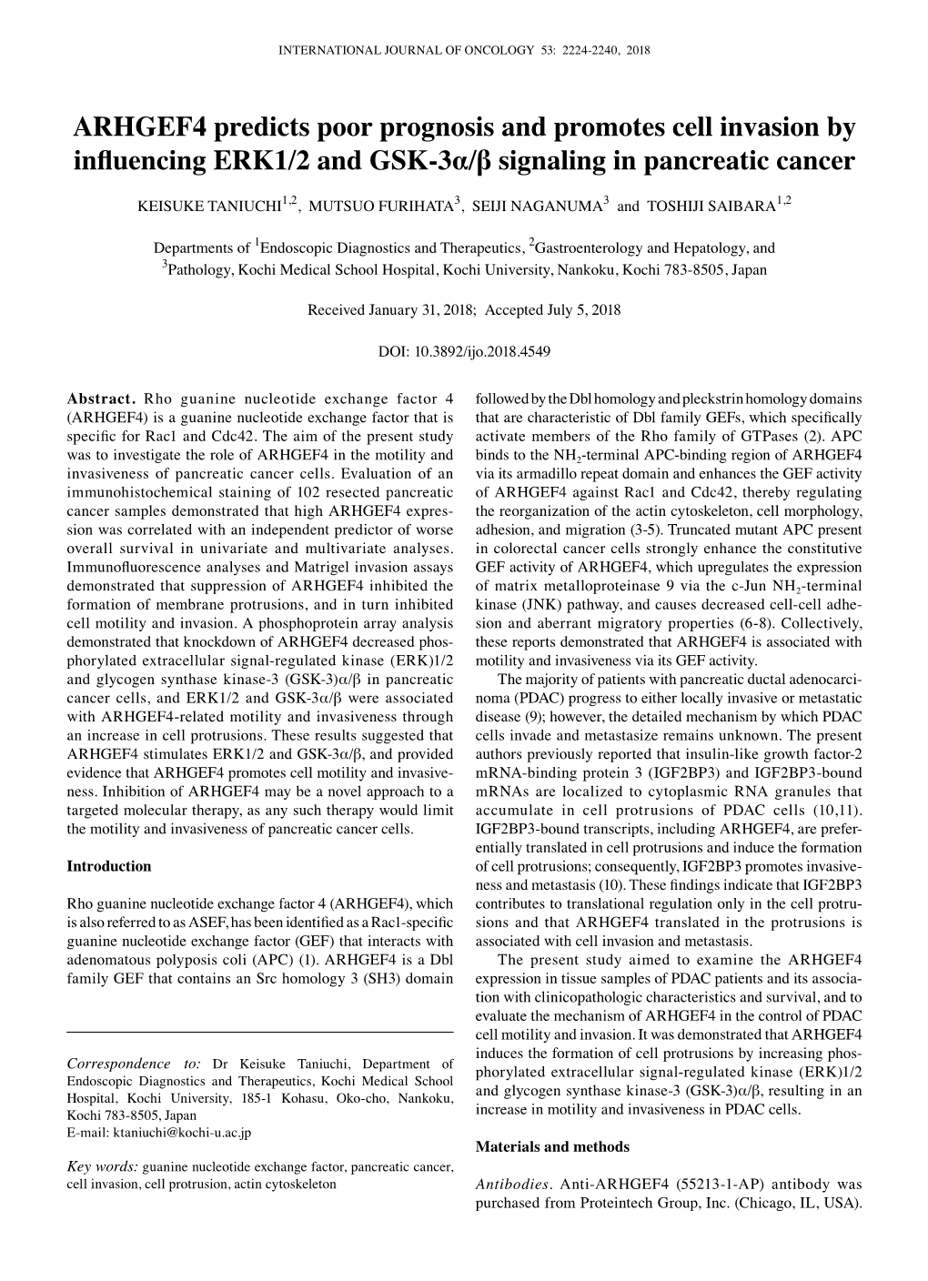 ARHGEF4 Predicts Poor Prognosis and Promotes Cell Invasion by Influencing ERK1/2 and GSK-3Α/Β Signaling in Pancreatic Cancer