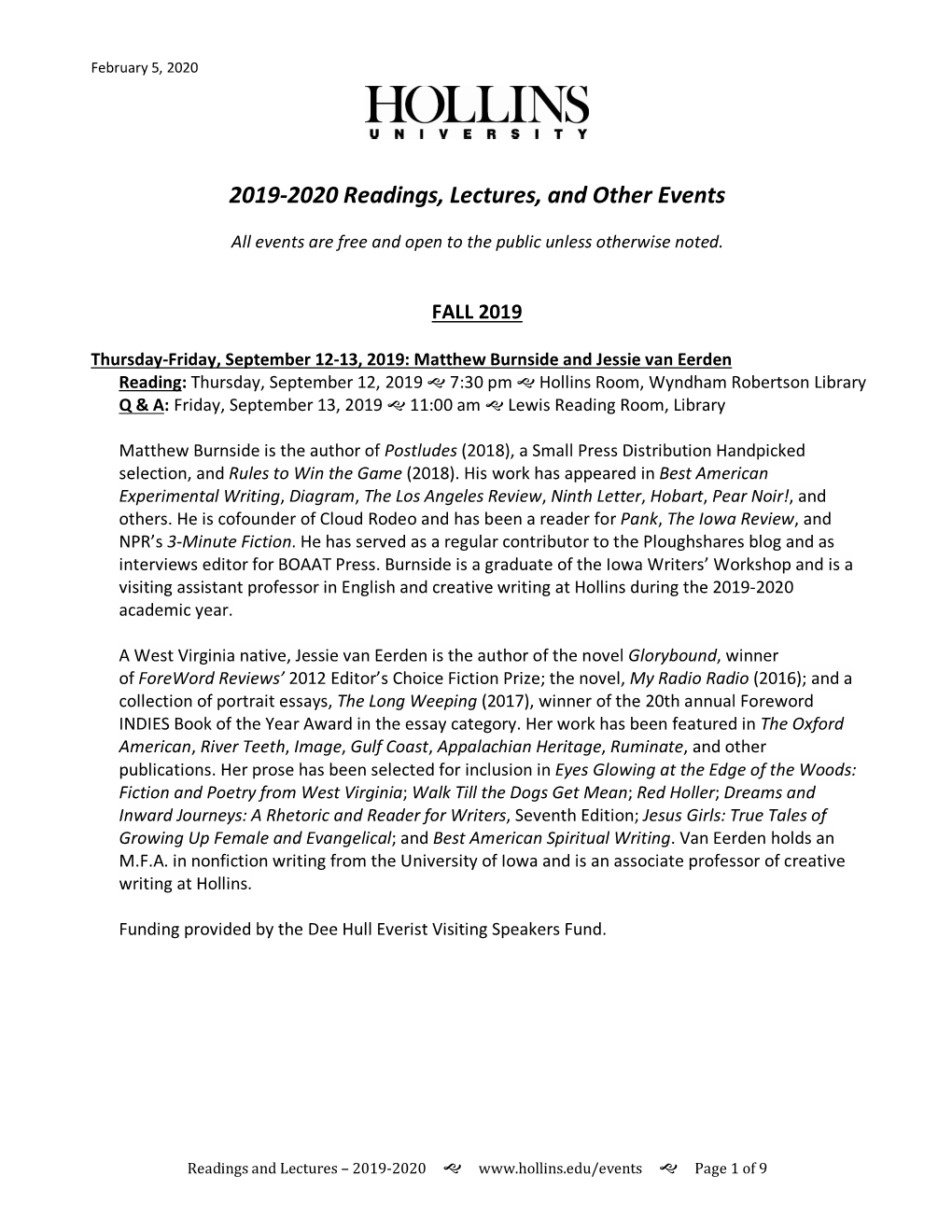 2019-2020 Readings, Lectures, and Other Events
