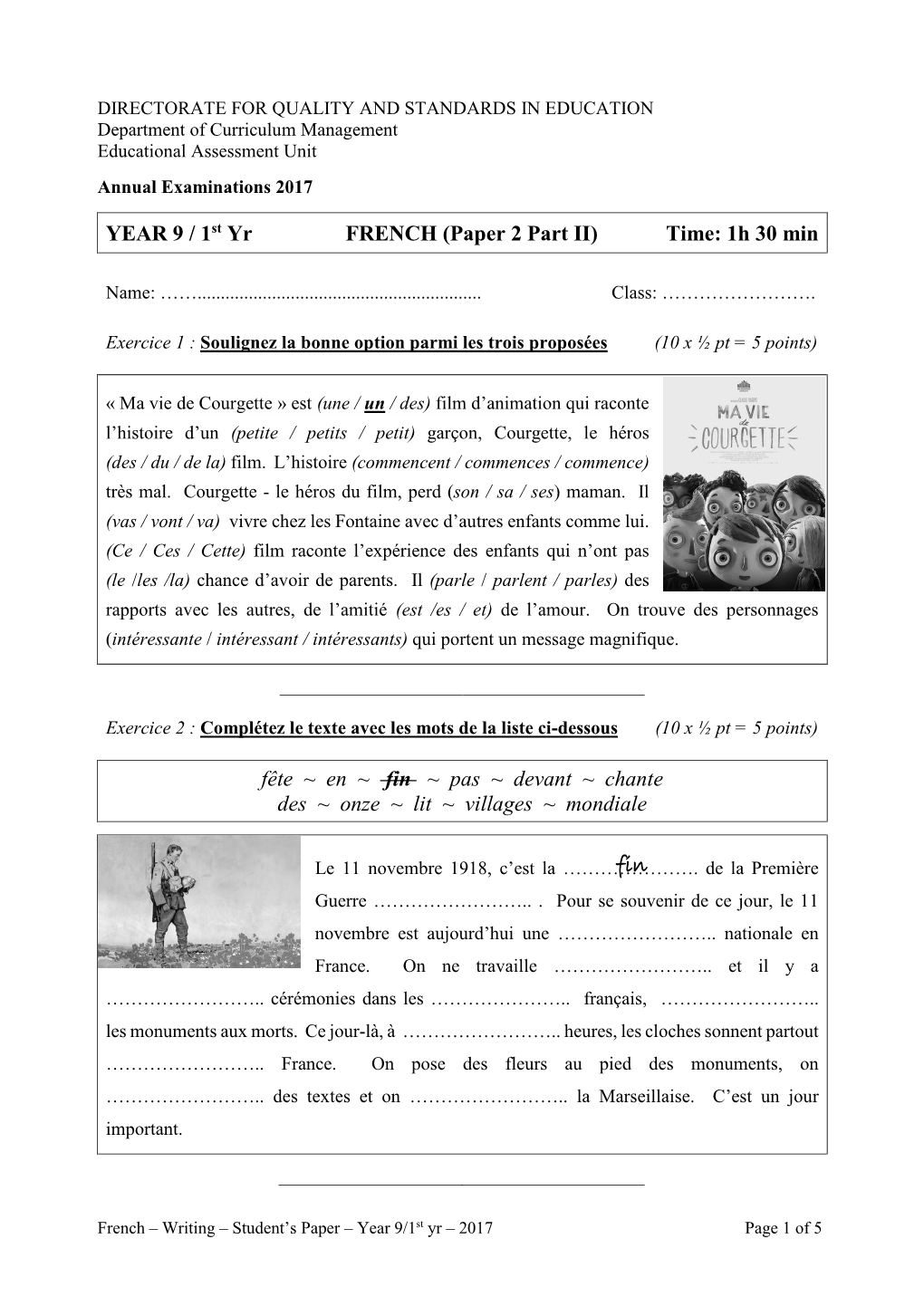 YEAR 9 / 1St Yr FRENCH (Paper 2 Part II) Time: 1H 30 Min Fête ~ En