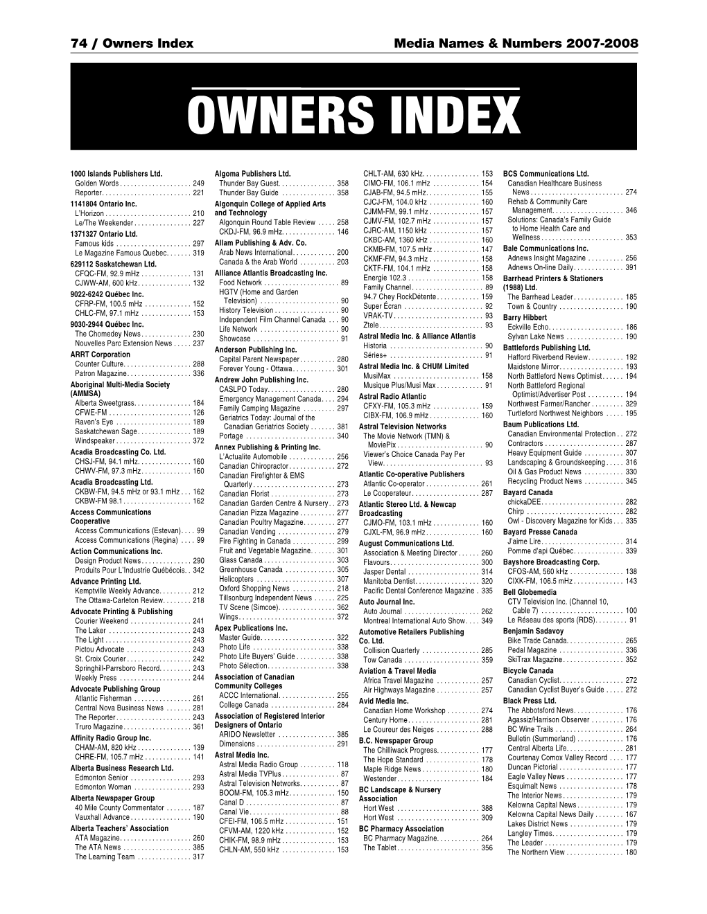 Owners Index Media Names & Numbers 2007-2008 OWNERS INDEX