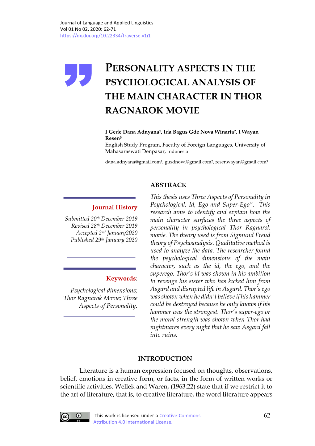 Personality Aspects in the Psychological Analysis of the Main Character in Thor ” Ragnarok Movie