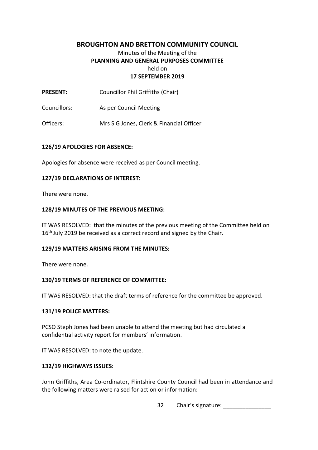 BROUGHTON and BRETTON COMMUNITY COUNCIL Minutes of the Meeting of the PLANNING and GENERAL PURPOSES COMMITTEE Held on 17 SEPTEMBER 2019