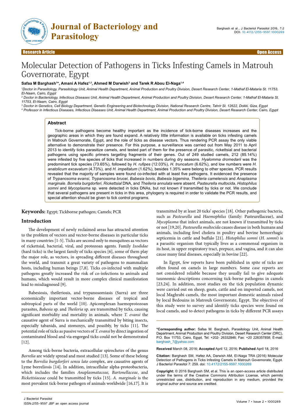 Molecular Detection of Pathogens in Ticks Infesting Camels in Matrouh