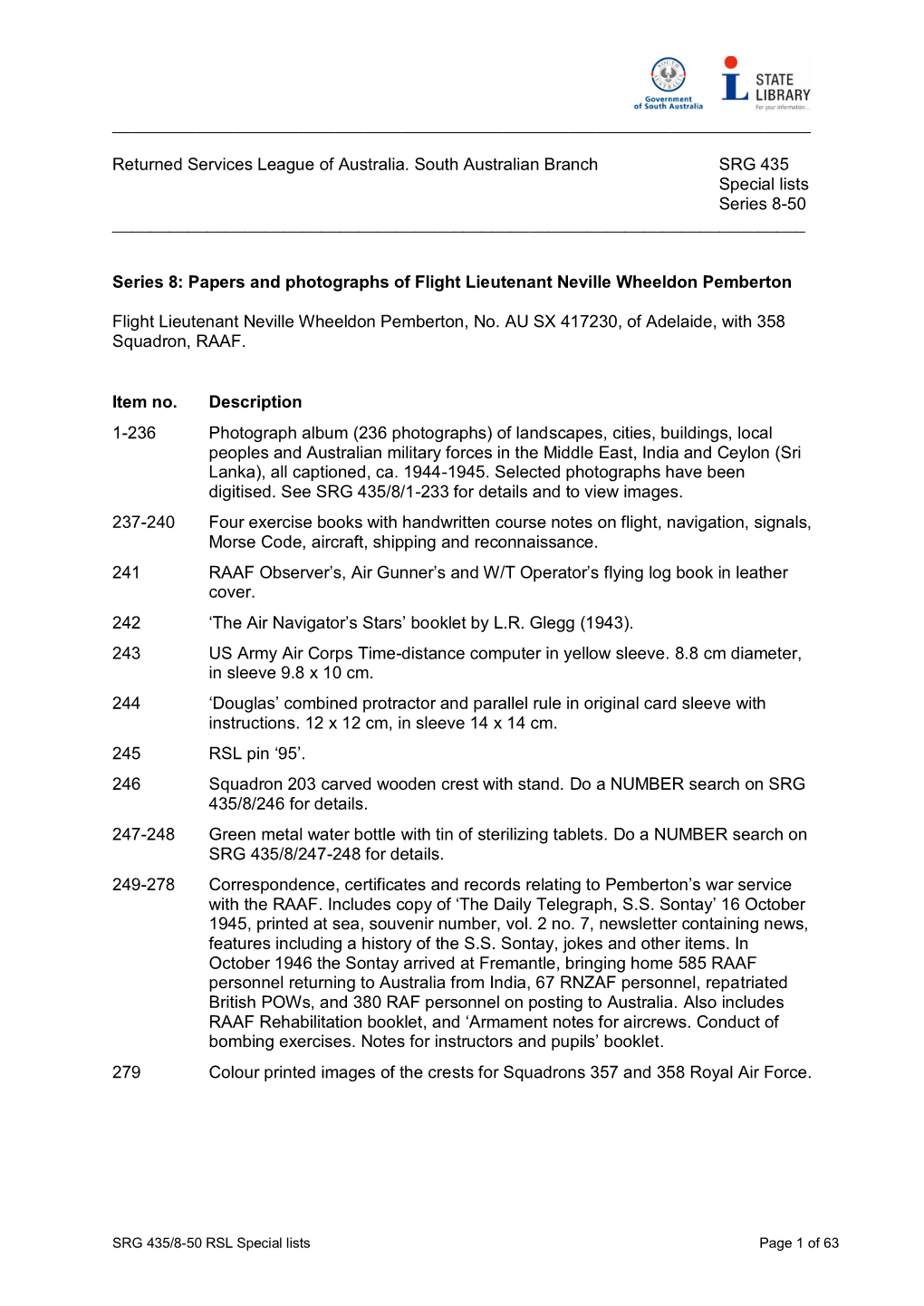 Returned Services League of Australia. South Australian Branch SRG 435 Special Lists Series 8-50 ______