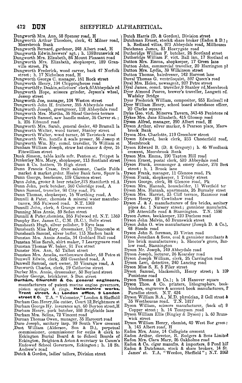 472 DUN SHEFFIELD ·ALPHABETICAL. Dungworth Mrs