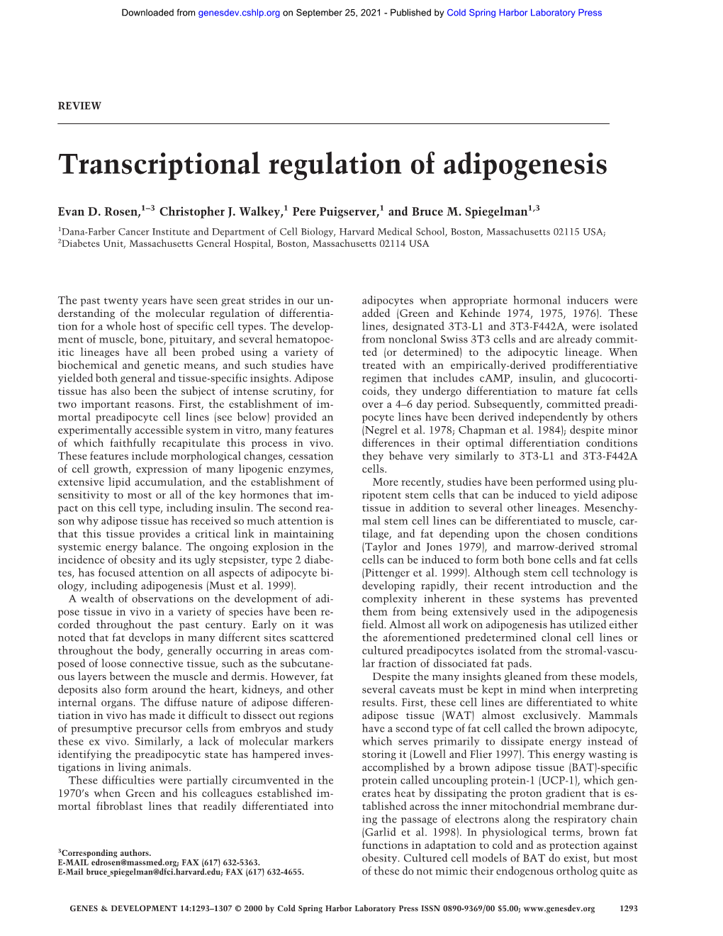 Transcriptional Regulation of Adipogenesis