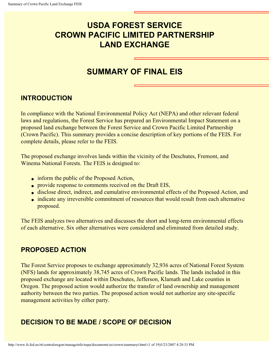 Summary of Crown Pacific Land Exchange FEIS