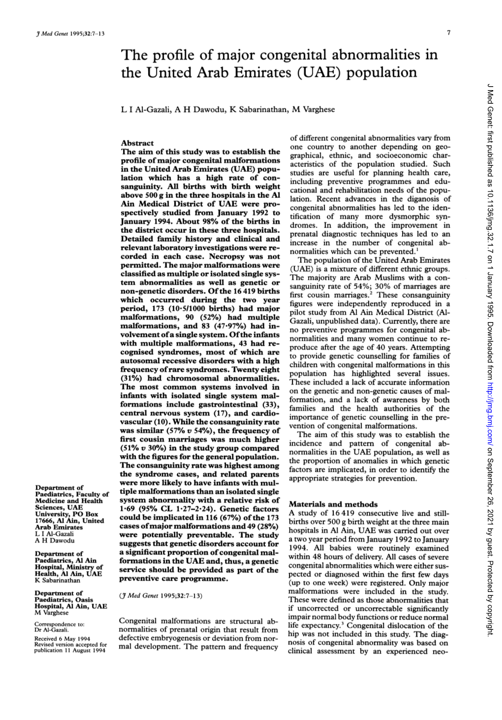 UAE) Population J Med Genet: First Published As 10.1136/Jmg.32.1.7 on 1 January 1995