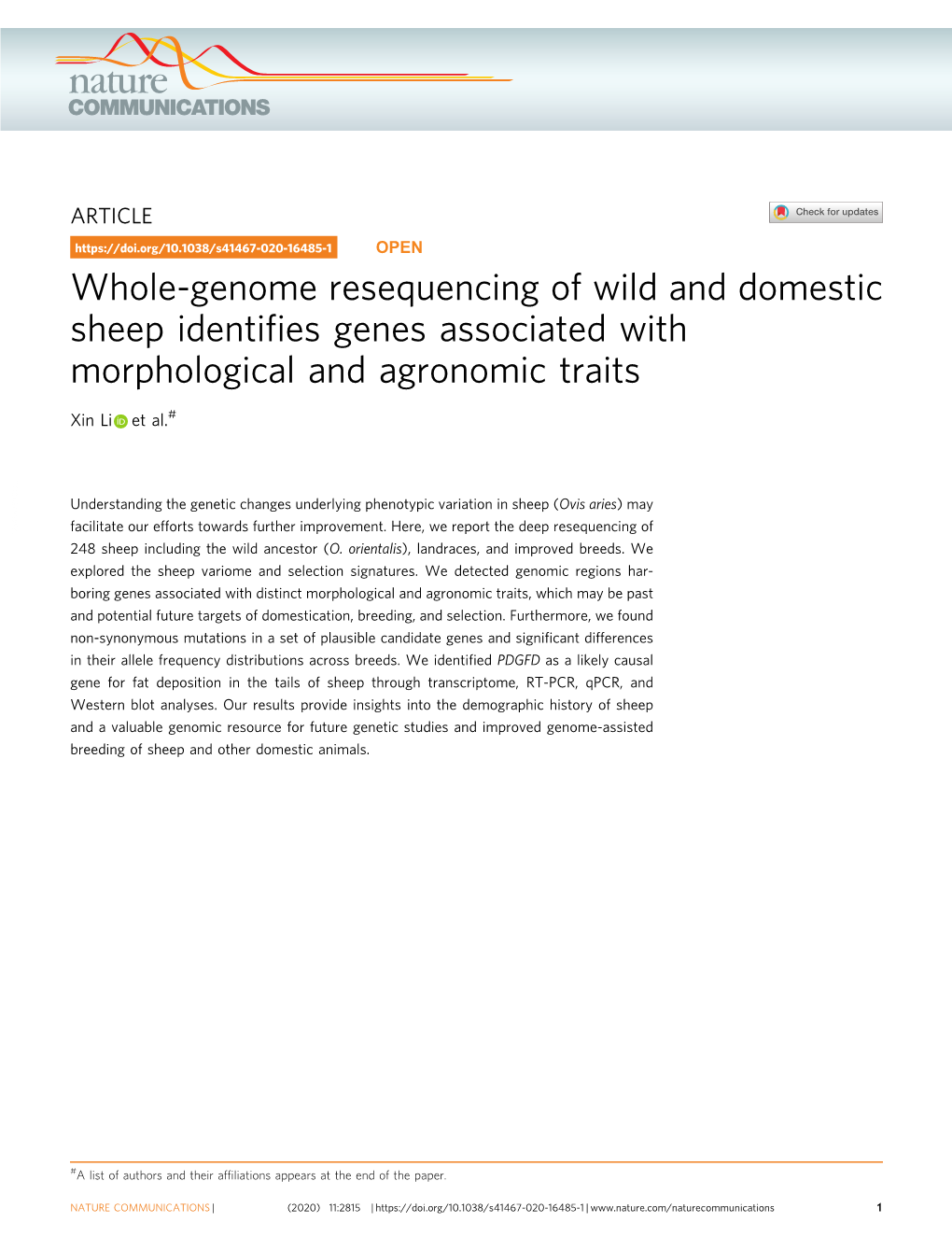 Whole-Genome Resequencing of Wild and Domestic Sheep Identifies