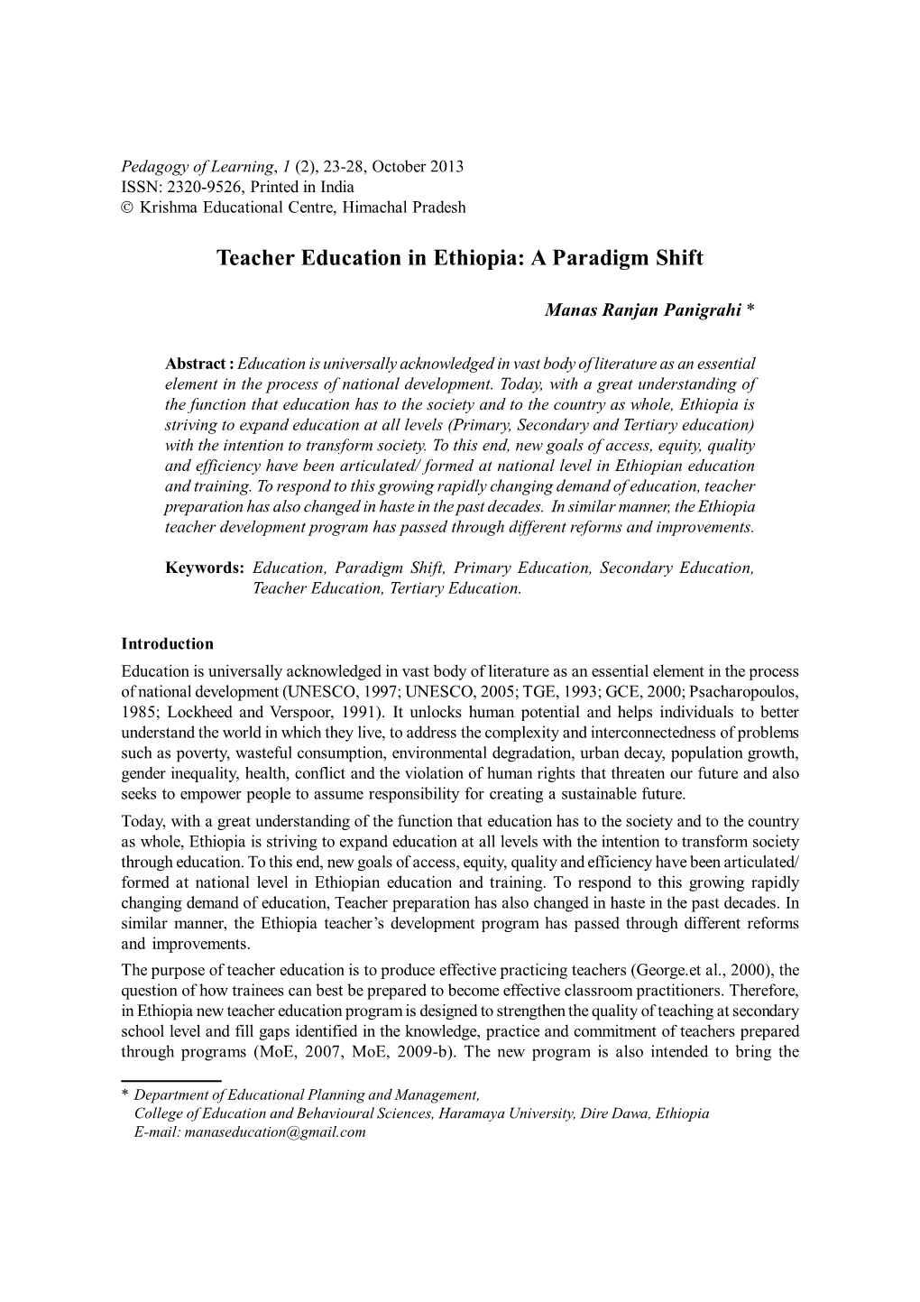 Teacher Education in Ethiopia: a Paradigm Shift