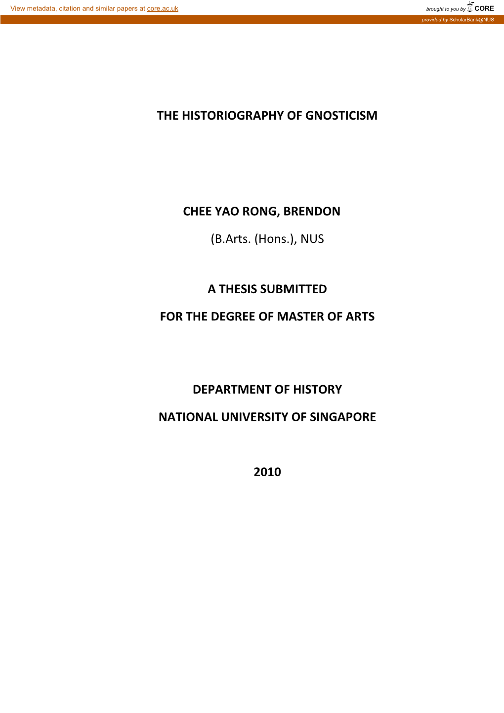 The Historiography of Gnosticism Chee Yao Rong