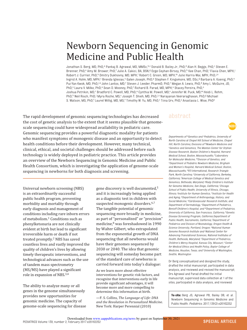 Newborn Sequencing in Genomic Medicine and Public Health Jonathan S