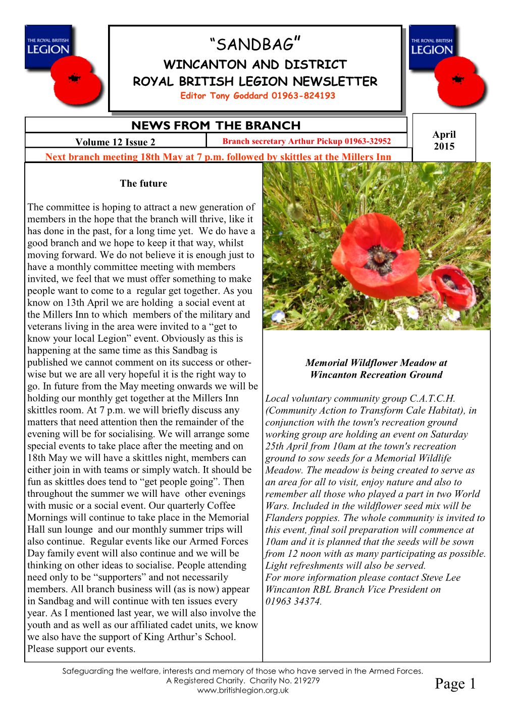 SANDBAG” WINCANTON and DISTRICT ROYAL BRITISH LEGION NEWSLETTER Editor Tony Goddard 01963-824193