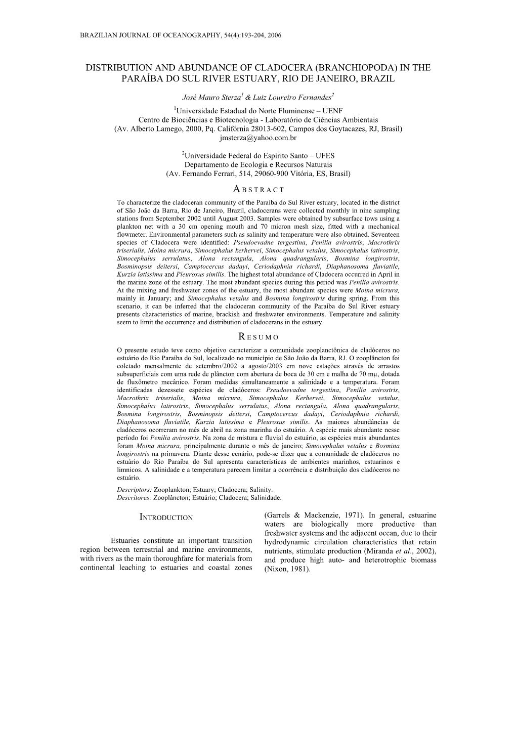 Distribution and Abundance of Cladocera (Branchiopoda) in the Paraíba Do Sul River Estuary, Rio De Janeiro, Brazil