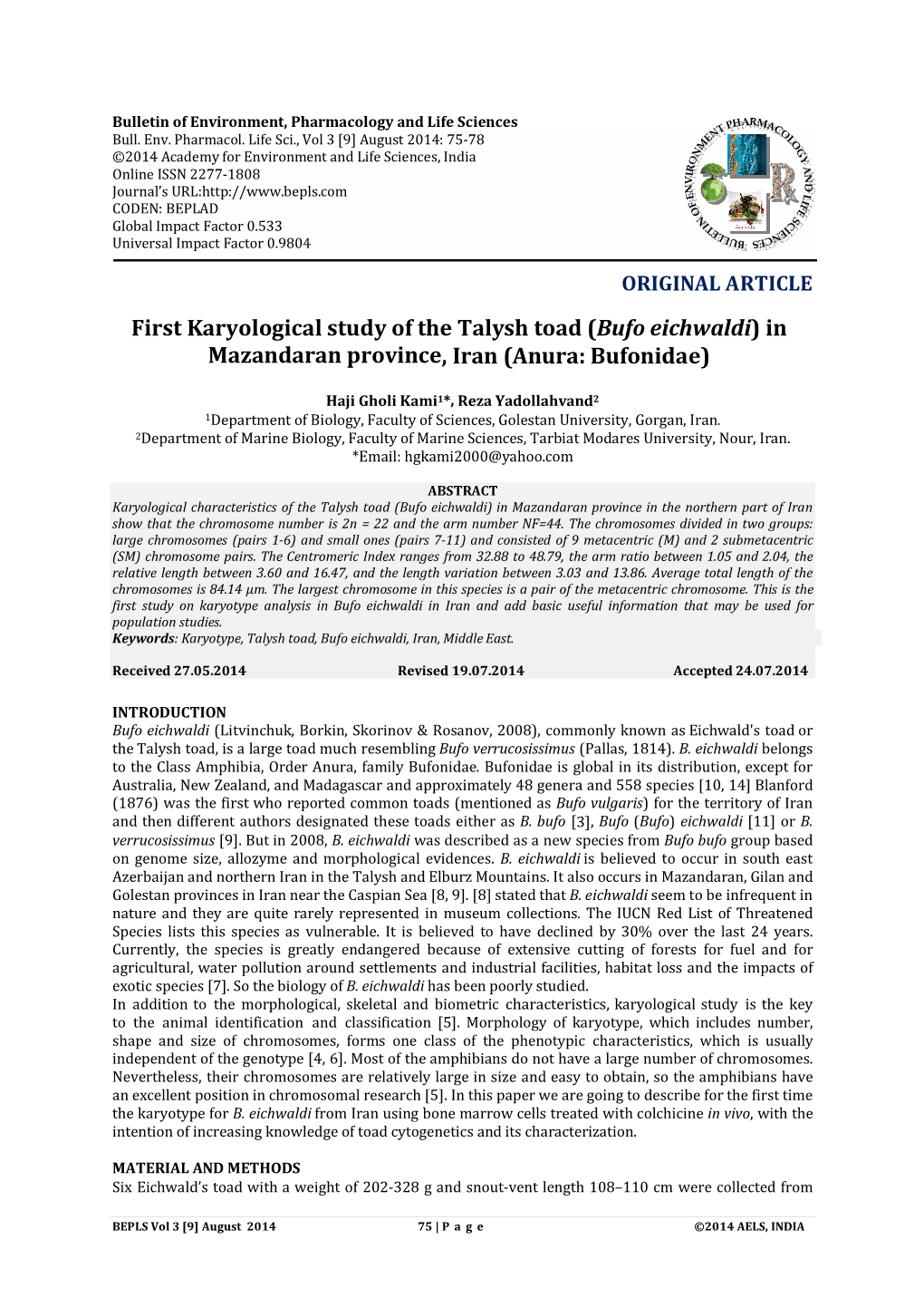 First Karyological Study of the Talysh Toad (Bufo Eichwaldi) in Mazandaran Province, Iran (Anura: Bufonidae)