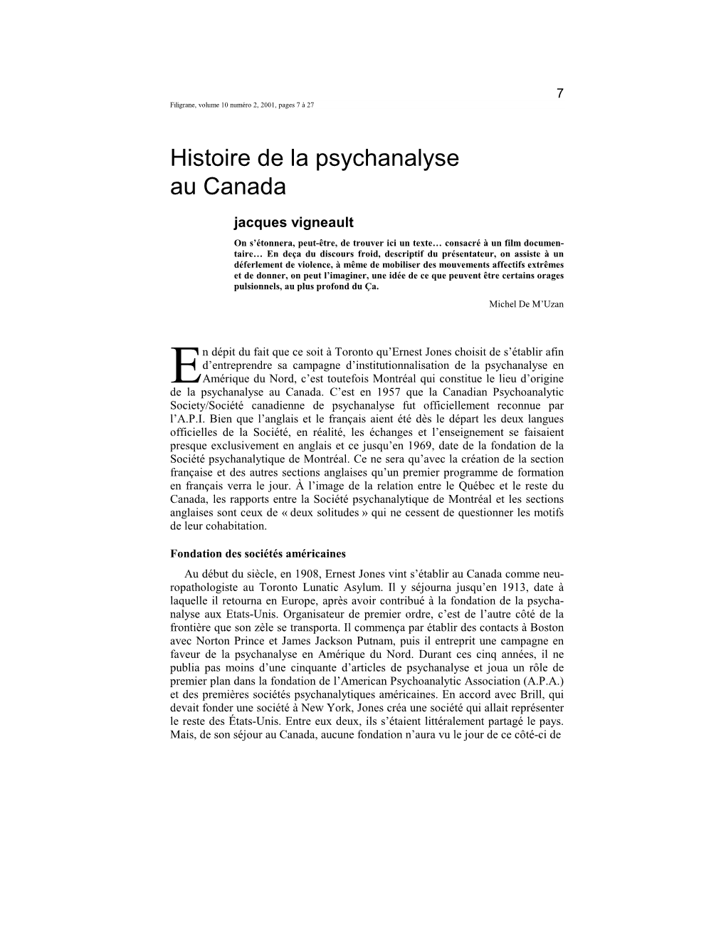 Histoire De La Psychanalyse Au Canada