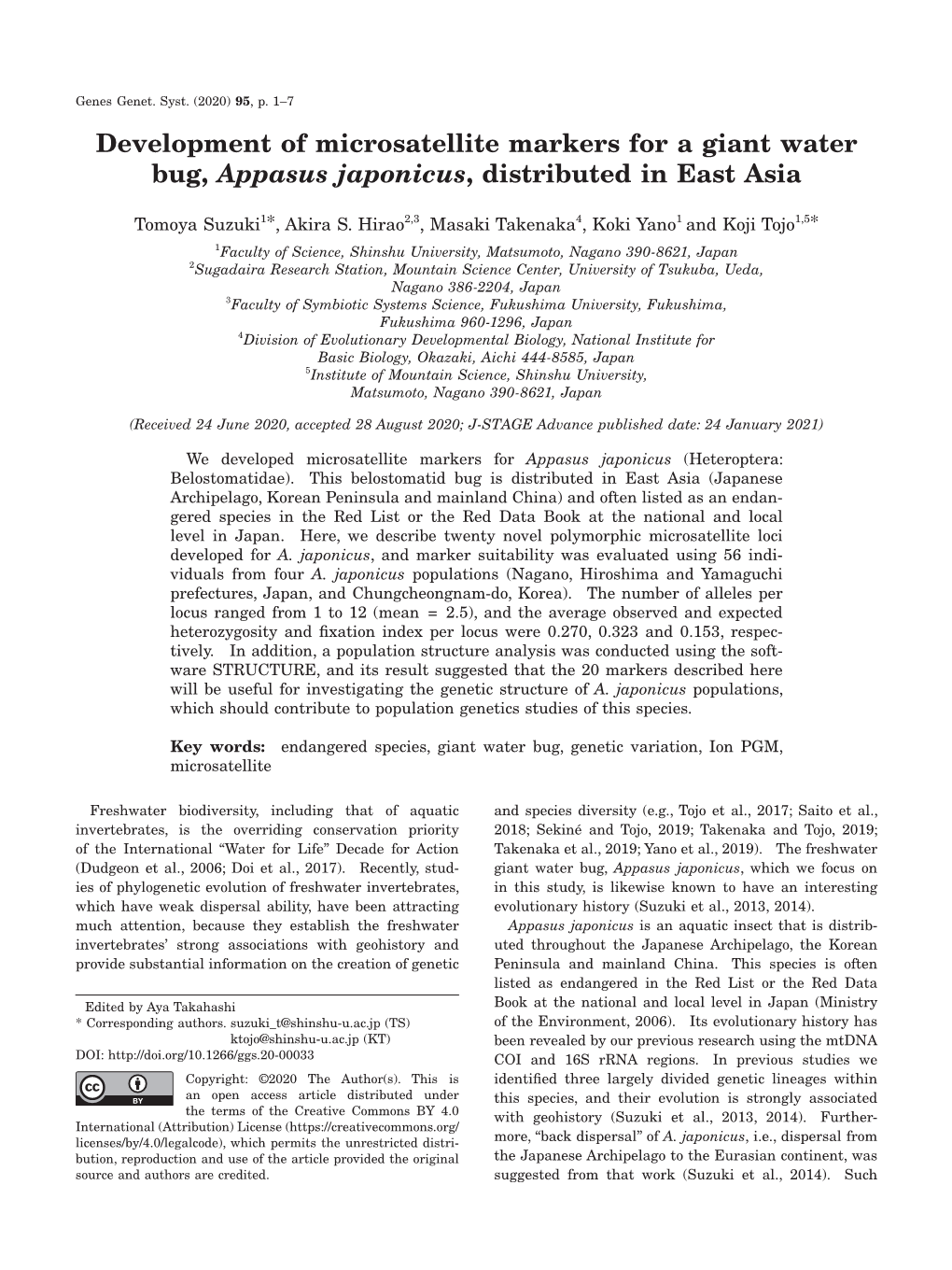 Development of Microsatellite Markers for a Giant Water Bug, Appasus Japonicus, Distributed in East Asia