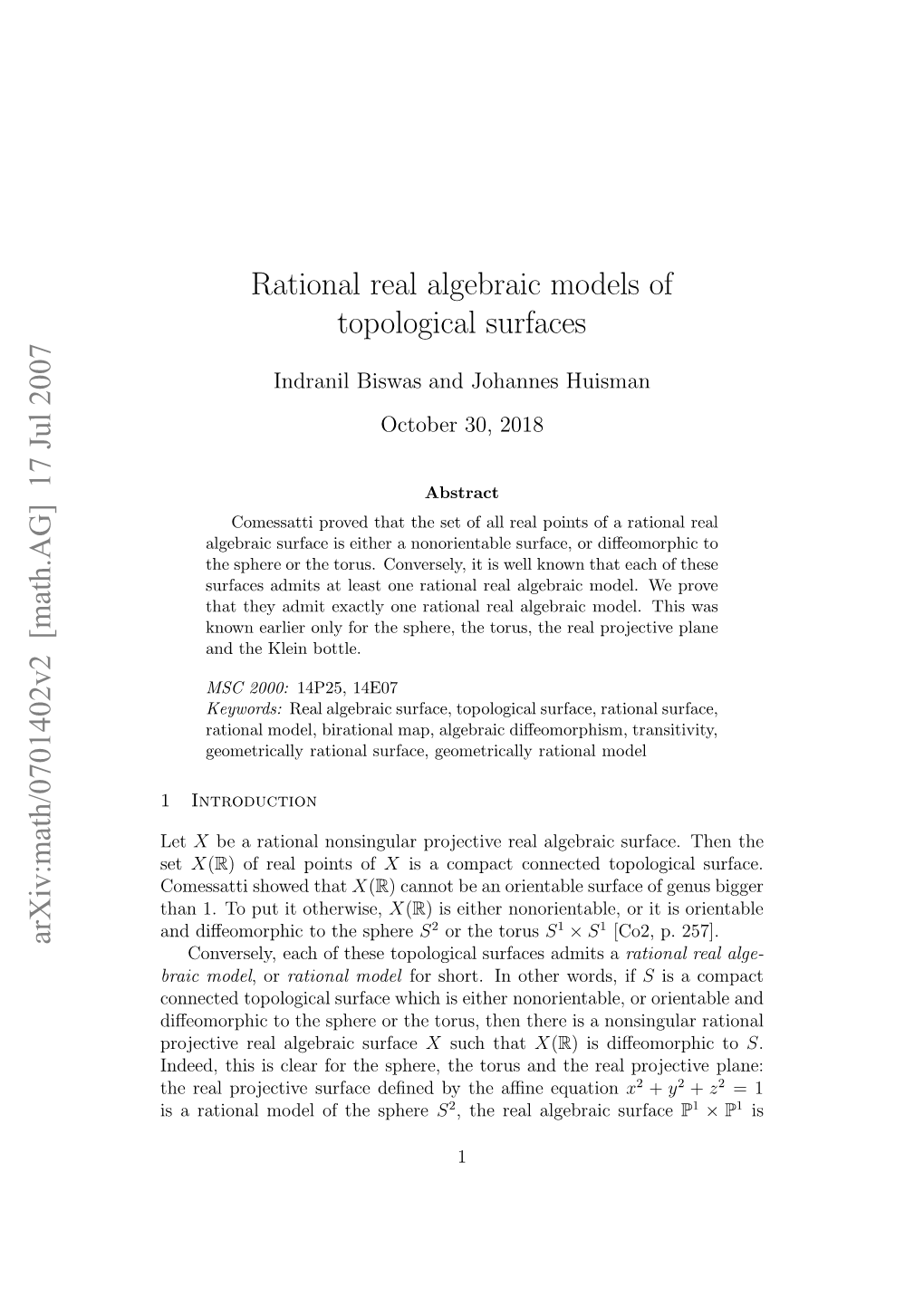 Rational Real Algebraic Models of Topological Surfaces