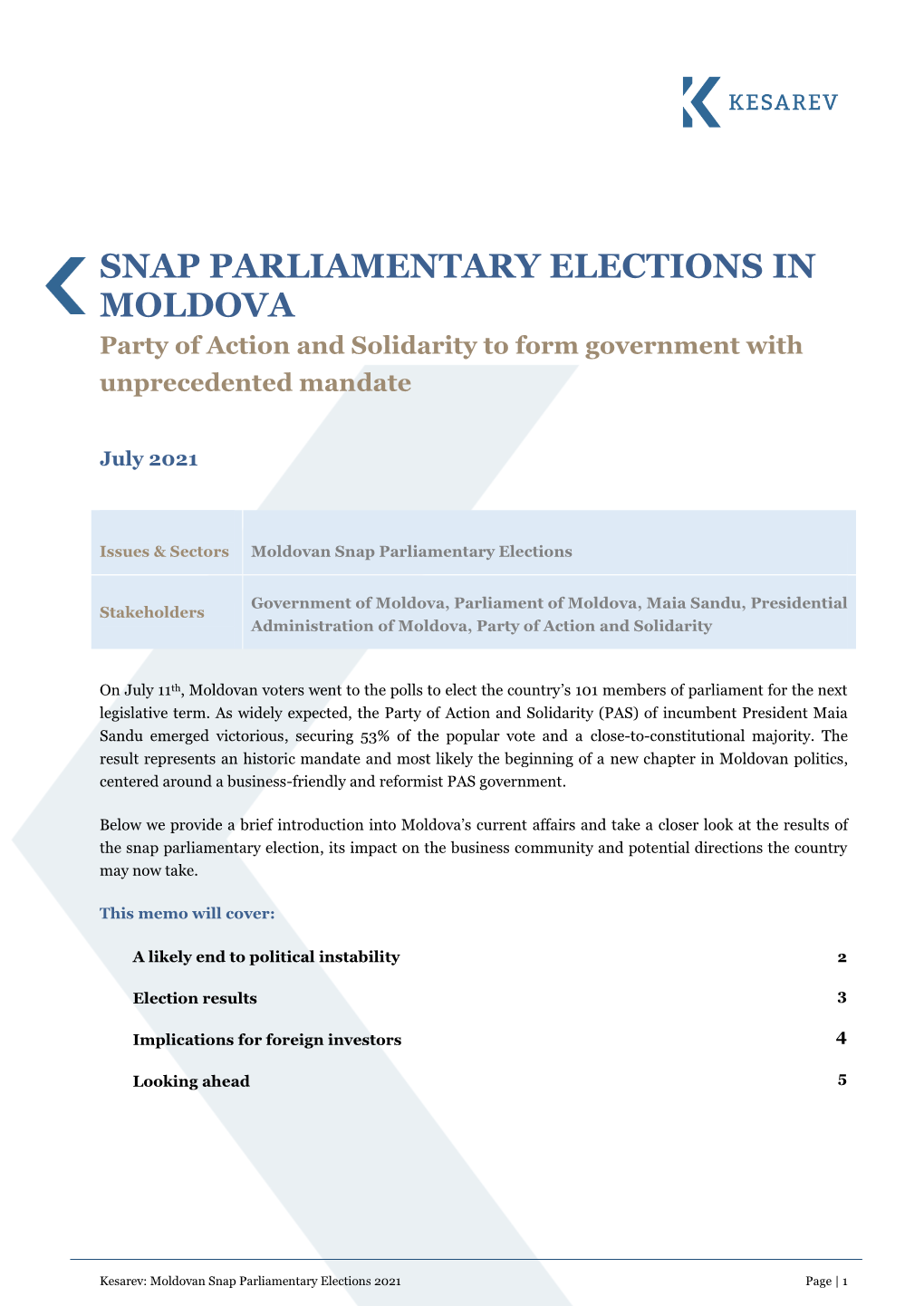 Kesarev | Snap Parliamentary Elections in Moldova | July 2021