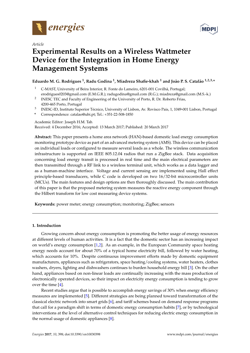 Experimental Results on a Wireless Wattmeter Device for the Integration in Home Energy Management Systems