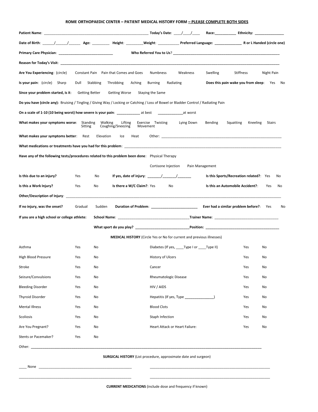 Rome Orthopaedic Center Patient Medical History Form Please Complete Both Sides