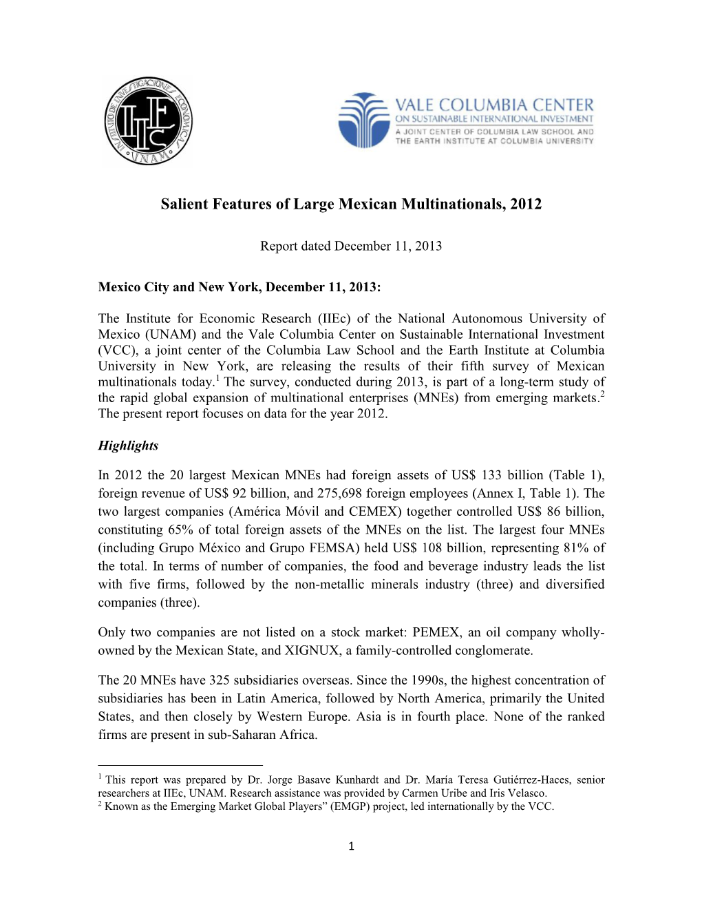 Salient Features of Large Mexican Multinationals, 2012