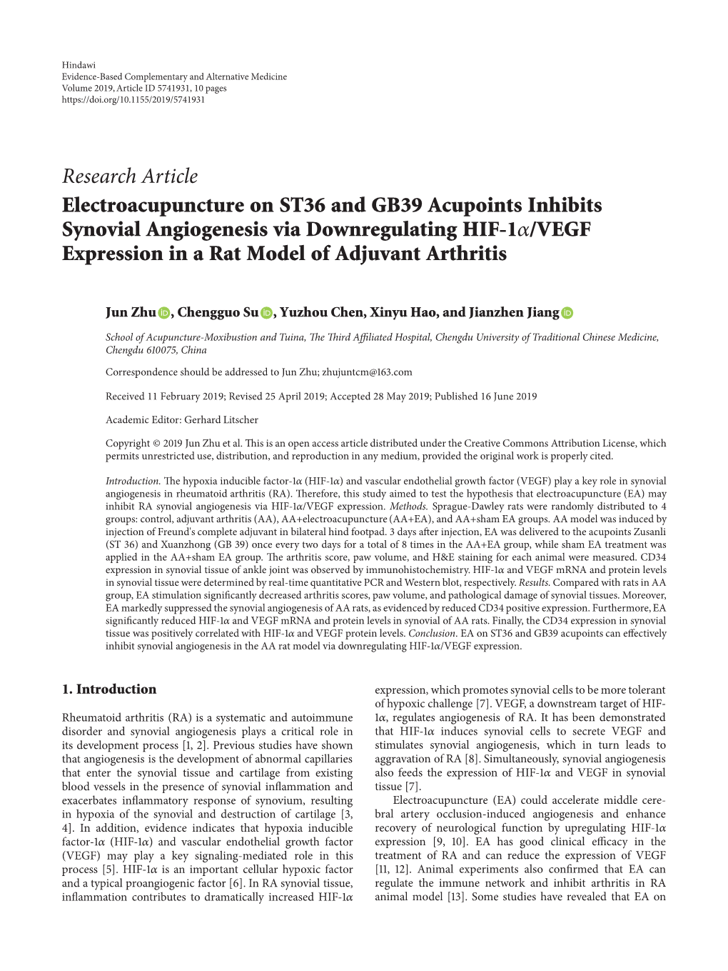 Research Article Electroacupuncture on ST36 and GB39 Acupoints