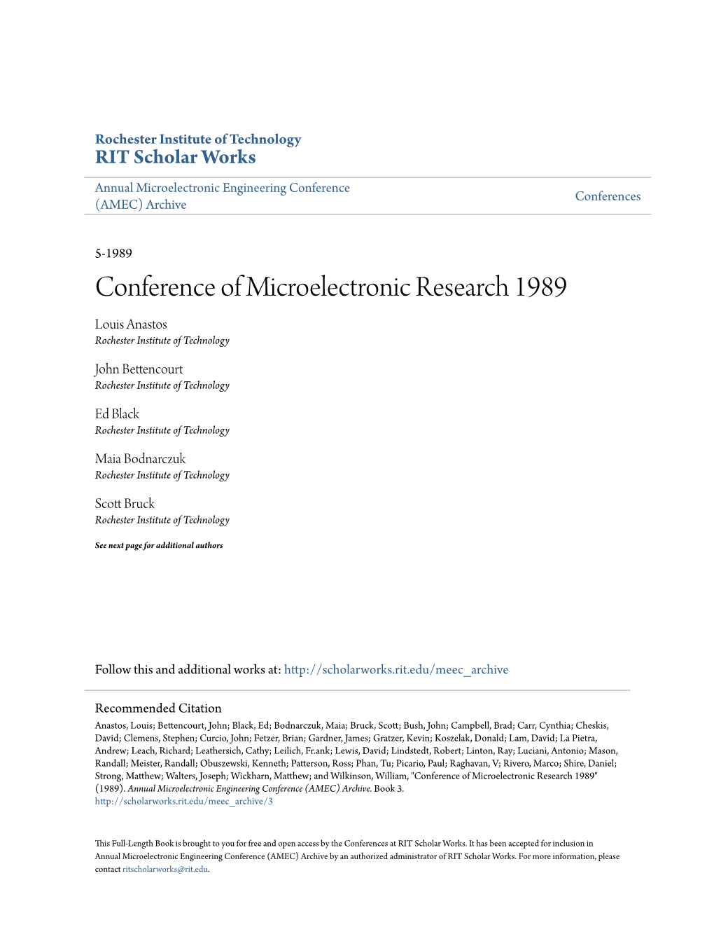 Conference of Microelectronic Research 1989 Louis Anastos Rochester Institute of Technology