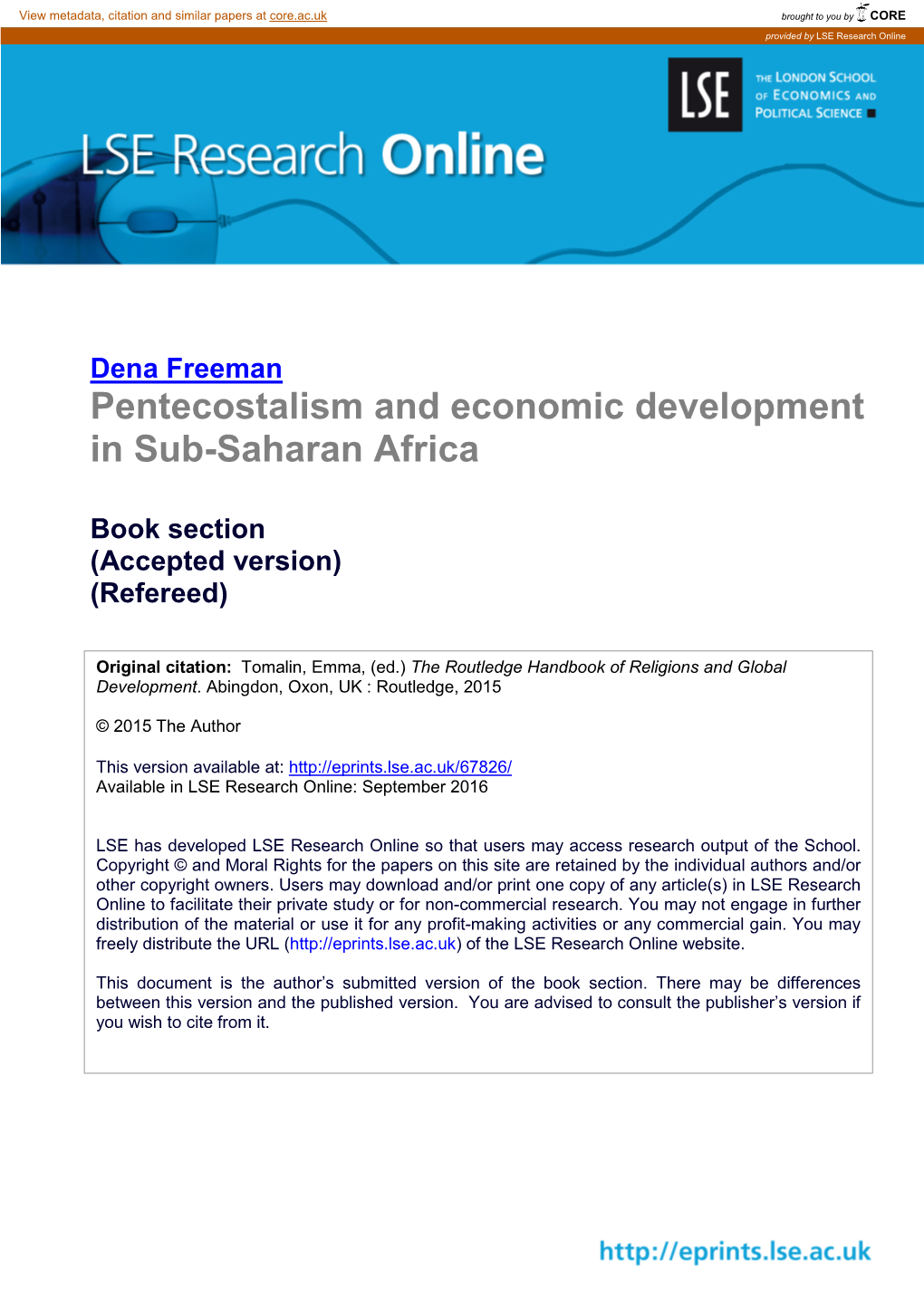 Pentecostalism and Economic Development in Sub-Saharan Africa