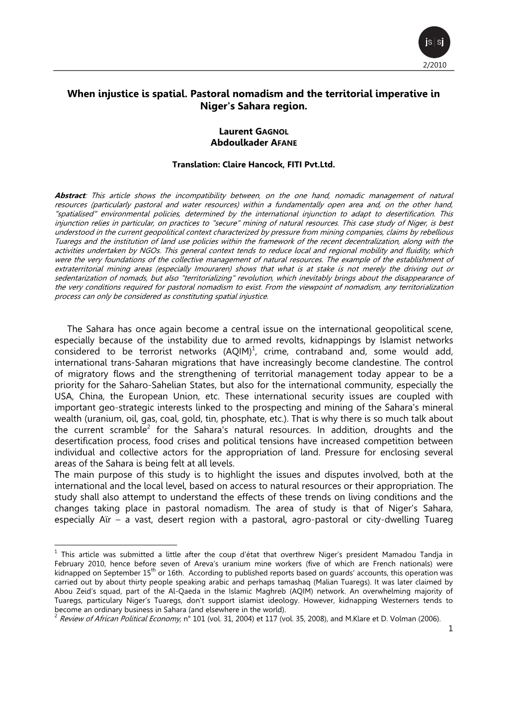 When Injustice Is Spatial. Pastoral Nomadism and the Territorial Imperative in Niger's Sahara Region