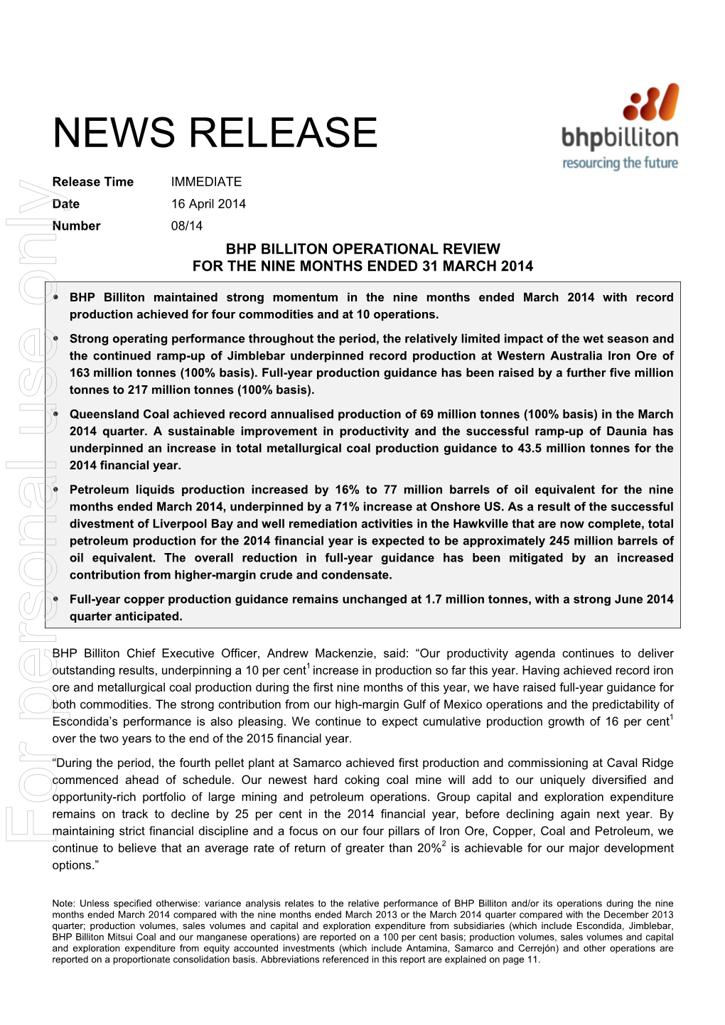 For Personal Use Only Use Personal for Bass Strait Longford 520 CY16 Designed to Process Approximately on Schedule and Budget