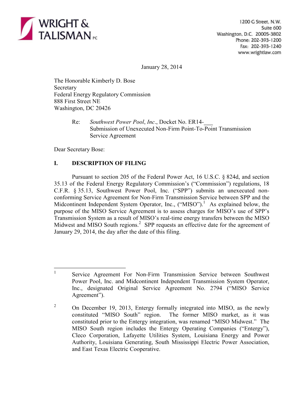 SPP FERC Filing, Jan 28 2014.Pdf