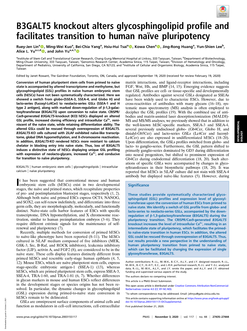 B3GALT5 Knockout Alters Glycosphingolipid Profile and Facilitates Transition to Human Naïve Pluripotency