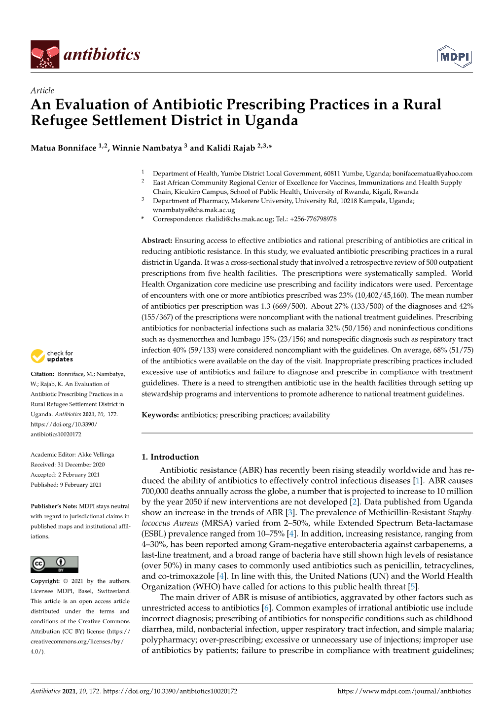 An Evaluation of Antibiotic Prescribing Practices in a Rural Refugee Settlement District in Uganda