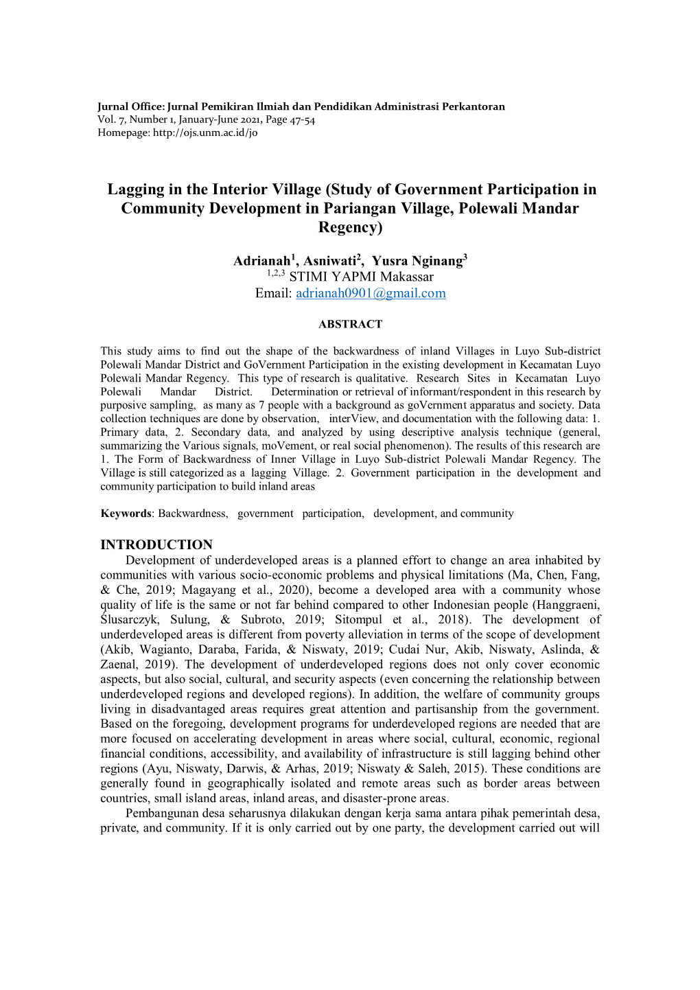 Lagging in the Interior Village (Study of Government Participation in Community Development in Pariangan Village, Polewali Mandar Regency)