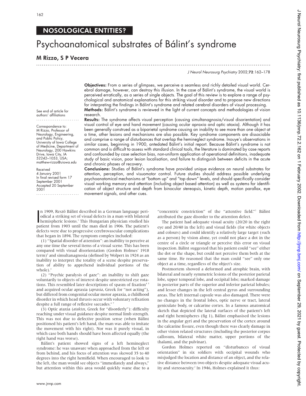 Psychoanatomical Substrates of Bálint's Syndrome